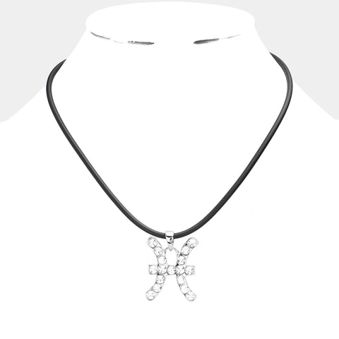 Black Choker Necklace with pisces zodiac sign pendant on rubber chain