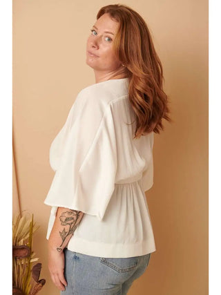 Plus Size Kimono Sleeves Woven Peplum Ivory Top Blouse