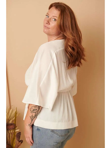 Plus Size Kimono Sleeves Woven Peplum Ivory Top Blouse