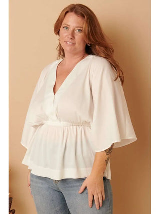 Plus Size Kimono Sleeves Woven Peplum Ivory Top Blouse
