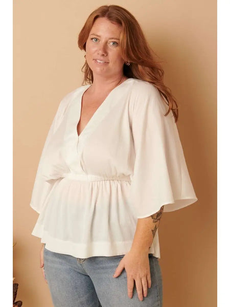 Plus Size Kimono Sleeves Woven Peplum Ivory Top Blouse