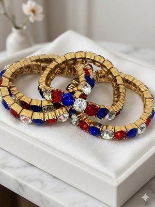 Patriotic Red White Blue Crystal Rhinestone Stretch Bracelet