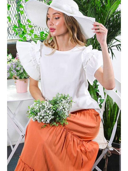 Round Neck Woven Short Ruffle Sleeve Top Off White