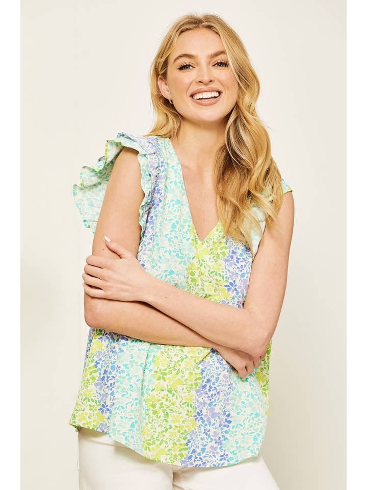 Floral Ruffle Sleeve Striped Sleeveless Top