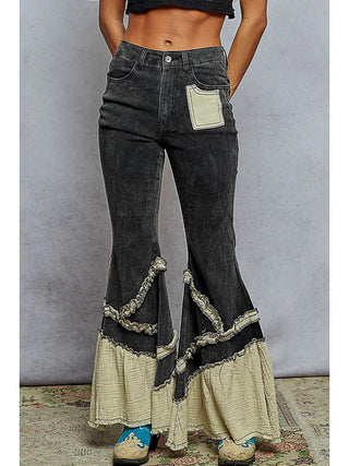 Vintage Wash Double Gauze Boho Ruffle Twill Flare Pants