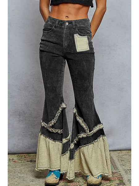 Vintage Wash Double Gauze Boho Ruffle Twill Flare Pants