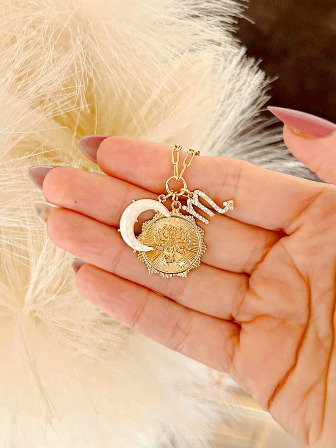 Scorpio Three Charm Zodiac Moon CZ Pendant Paperclip Necklace