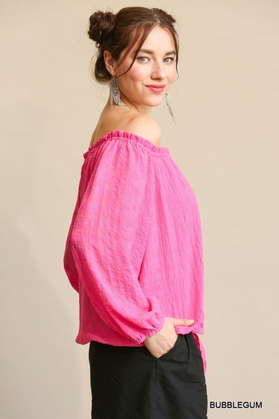 Seersucker Button Down and Off Shoulder Top with Drawstring Waist Shirt Pink