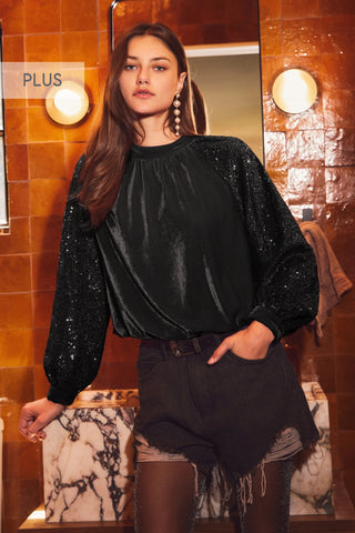 Plus Size Velvet Sequin Sleeve Blouse