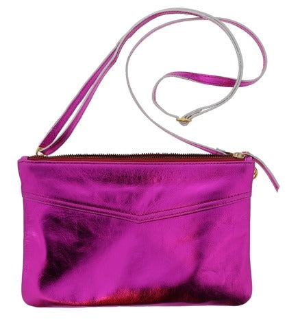 Fuschia Genuine Leather Shimmer Metallic Cross body Purse