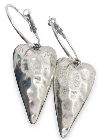 Antique Hammered Silver Elongated Heart Drop Earrings