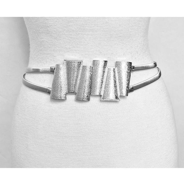 Silver Tone Double Strap Stretch Metal Waist Belt