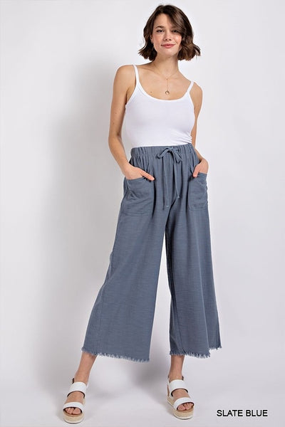 Frayed Hem Capri length Drawstring Pants Slate Blue