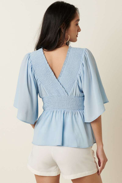 Blue Smocked Detail Peplum Blouse Top