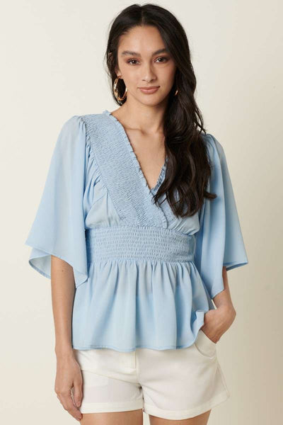 Blue Smocked Detail Peplum Blouse Top