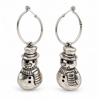 Silver Snowman Charm Hoop Earrings