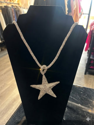 Long Clear Silver Crystal Star Tube Necklace