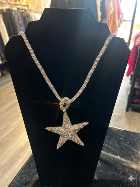 Long Clear Silver Crystal Star Tube Necklace