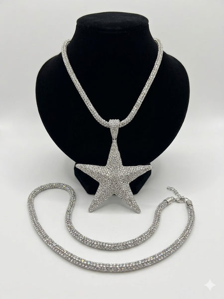 Long Clear Silver Crystal Star Tube Necklace