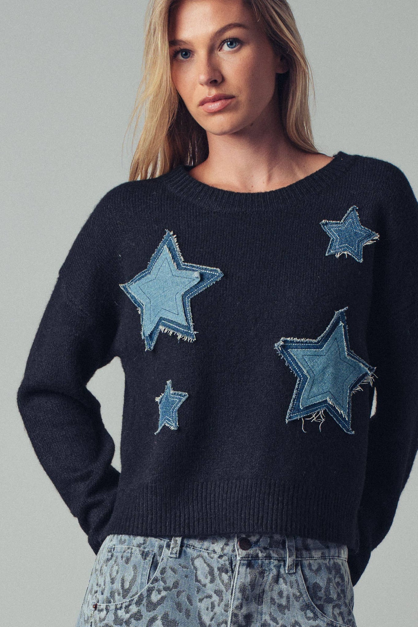 Denim Star Patch Cropped Knit Sweater