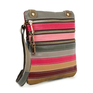 Zipper Striped Genuine Leather Crossbody Sling Purse