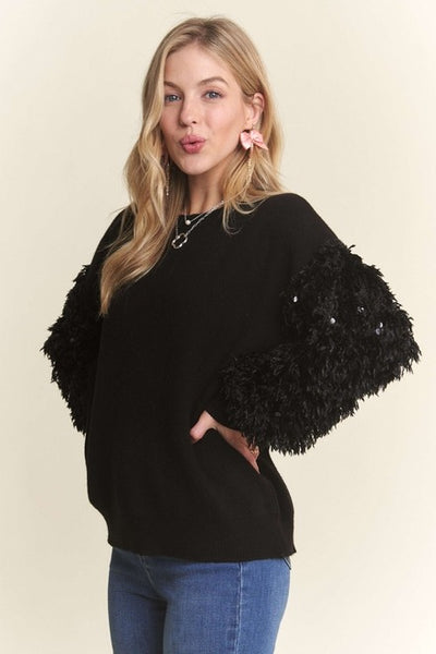 Faux Fur Sequin Sleeves Sweater