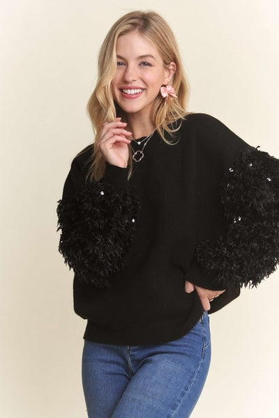 Faux Fur Sequin Sleeves Sweater