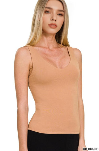 Zenana Double Layer V Neck Tank Top Tan