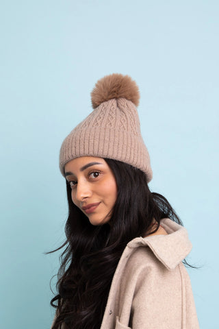 Faux Fur Pom Pom Thermal Hat Taupe
