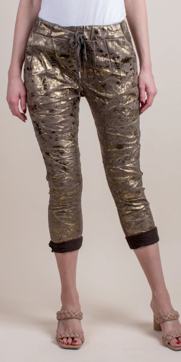 Cropped Faux Suede Metallic Foil Pants