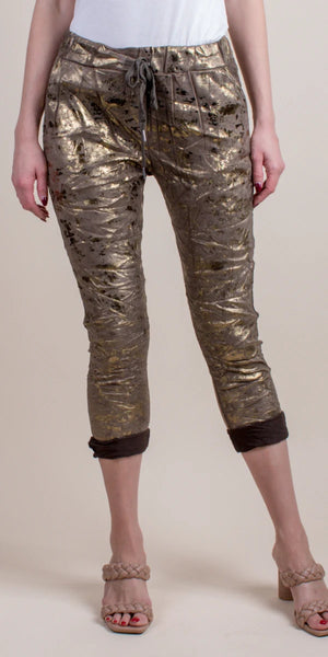 Cropped Faux Suede Metallic Foil Pants