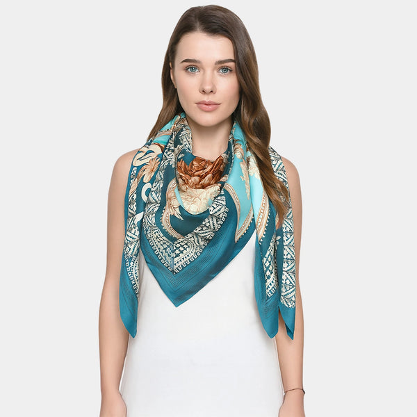 Large Baroque Style Silk Square Scarf Turquoise