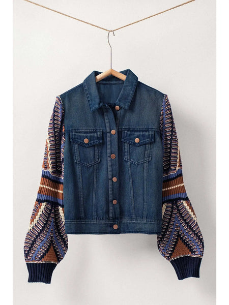 Denim Buttom Closure Jacket w Knit Sleeves