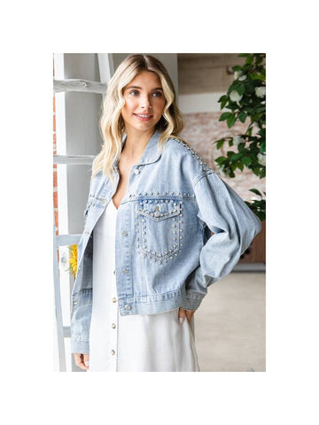 Chunky Washed Denim Rhinestone Detail Jean Denim Jacket