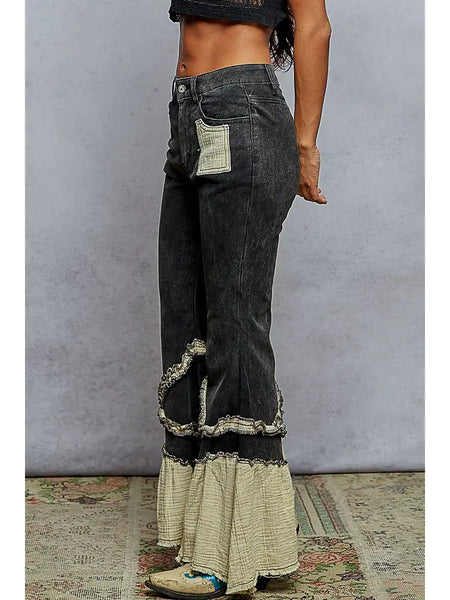 Vintage Wash Double Gauze Boho Ruffle Twill Flare Pants