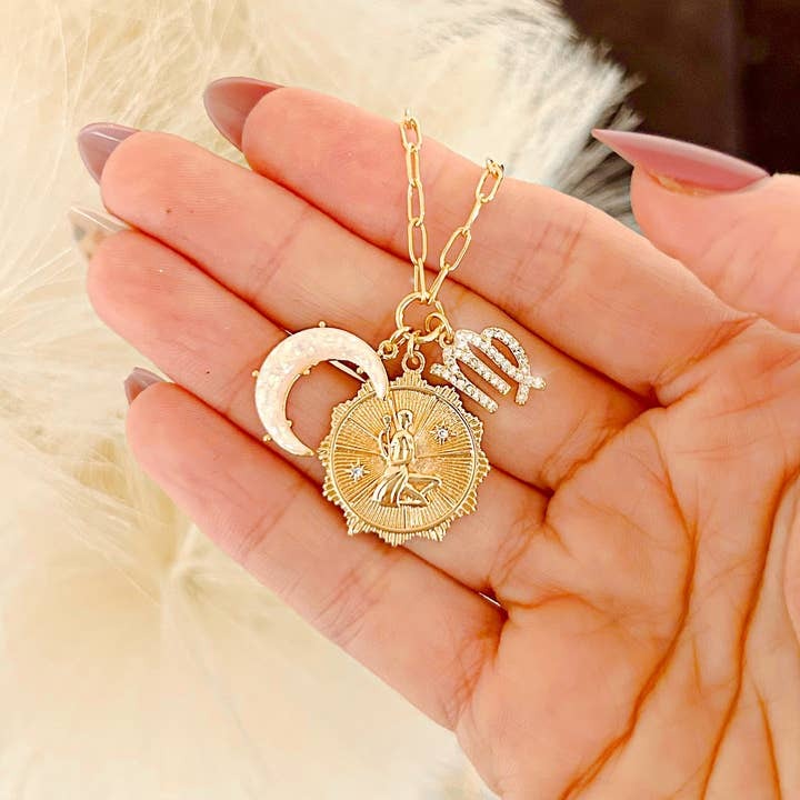Virgo Three Charm Zodiac Moon CZ Pendant Paperclip Necklace