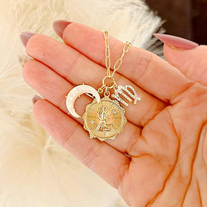 Virgo Three Charm Zodiac Moon CZ Pendant Paperclip Necklace