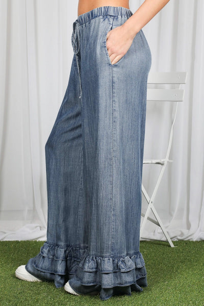 High Waist Tencil Ruffle Hem Denim Pants