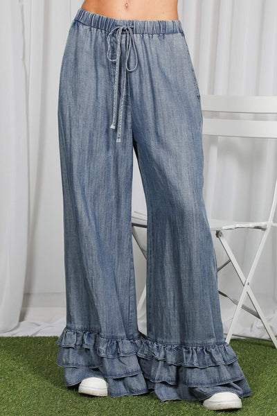 High Waist Tencil Ruffle Hem Denim Pants