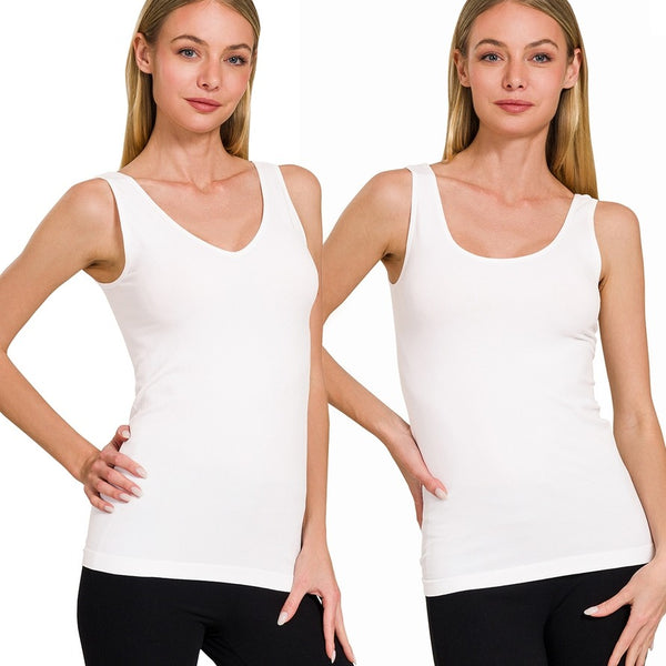 Two Way V neck Scoop White Seamless Tank Top
