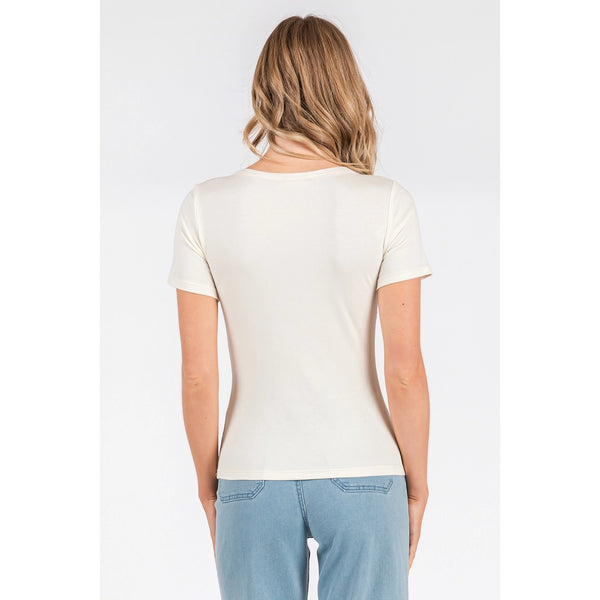 Ivory Ribbed Knit V Neck Short Sleeve Top