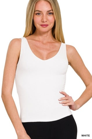Zenana Double Layer V Neck Tank Top White