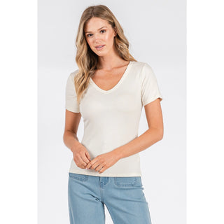 Ivory Ribbed Knit V Neck Short Sleeve Top