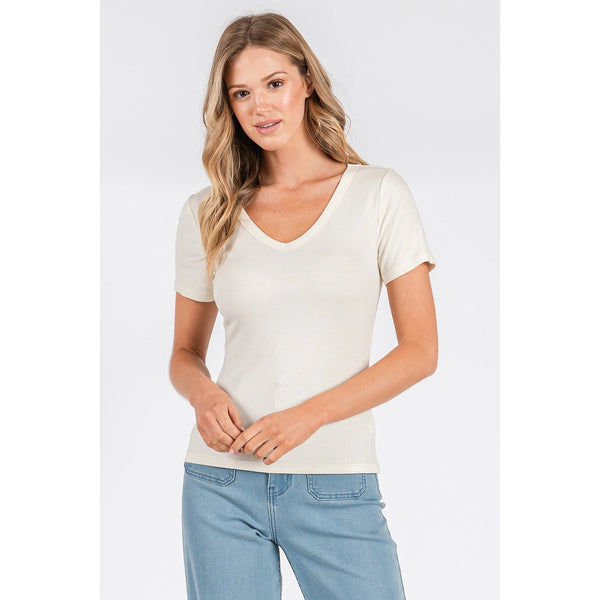 Ivory Ribbed Knit V Neck Short Sleeve Top