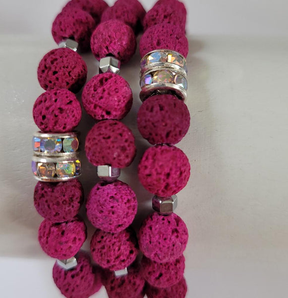 Fuschia Pink Dyed 7.5 inch Lava Bead Stretch Bracelet