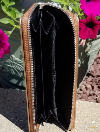 Camel Faux Leather Double Zip Wallet Wristlet