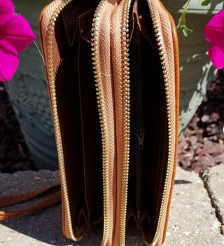 Camel Faux Leather Double Zip Wallet Wristlet