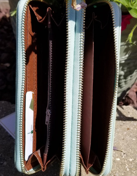 Pebbled Mint Faux Leather Double Zip Wallet Wristlet