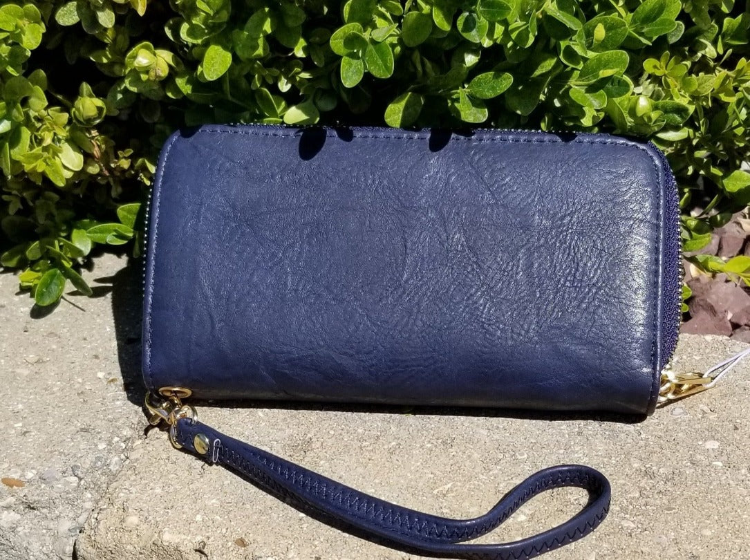 Navy Faux Leather Double Zipper Wallet Wristlet