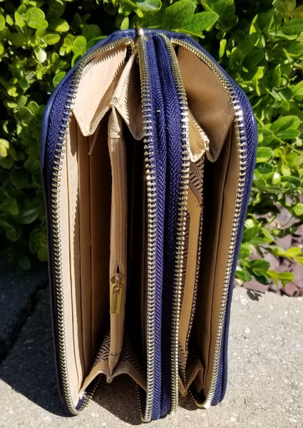 Navy Faux Leather Double Zipper Wallet Wristlet